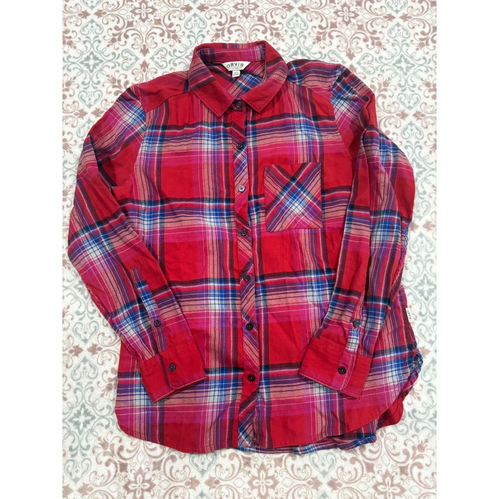 Orvis Womens Red Plaid Flannel Button Down Shirt Long Sleeve Size Medium